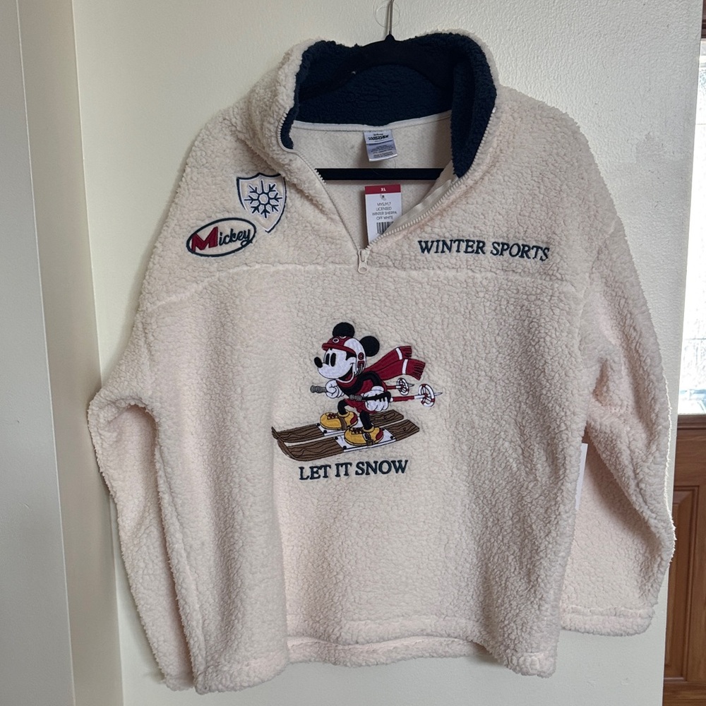 Disney Cream Teddy Jacket with Mickey Mouse and Winter Sports Theme